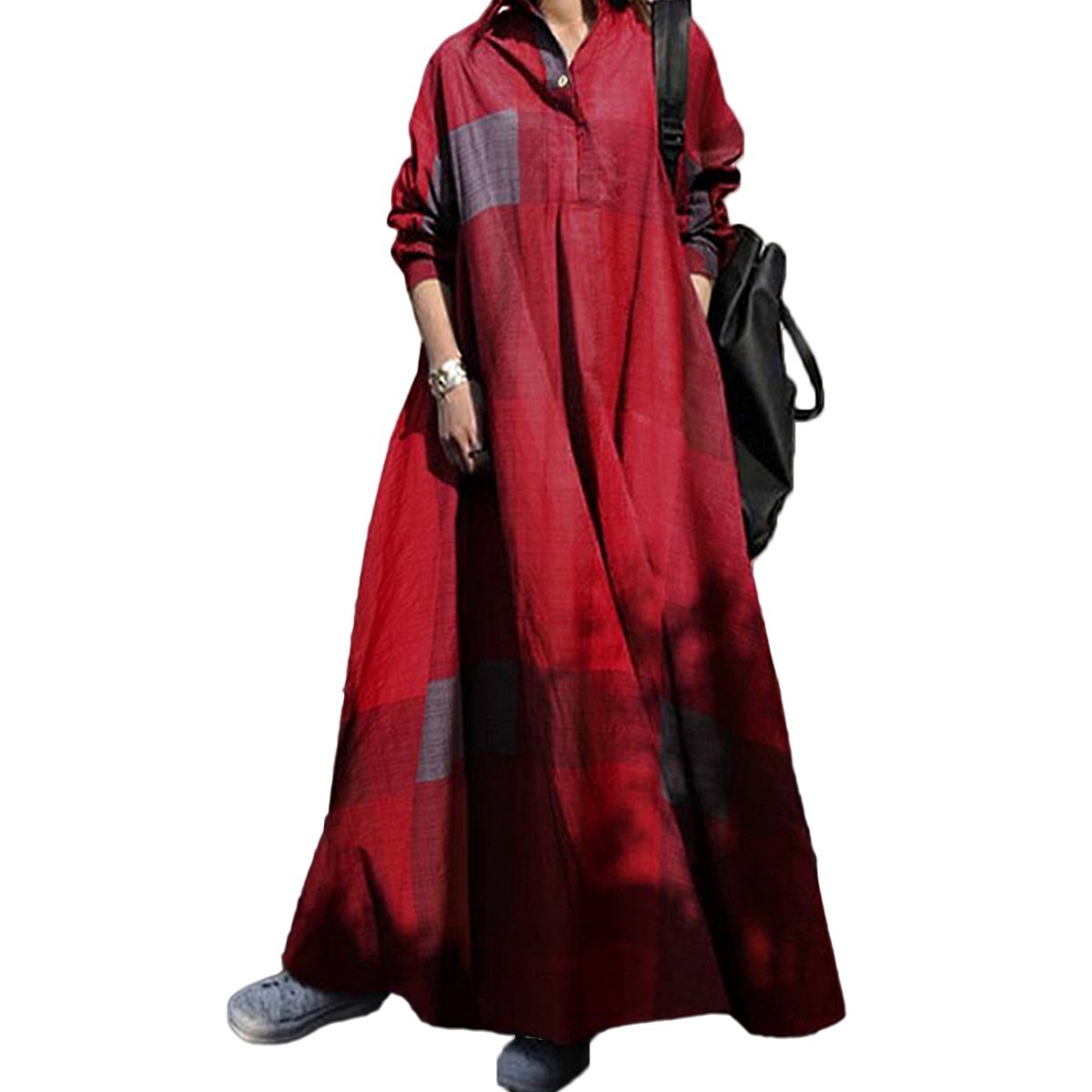 Spring Autumn Plus-Size Women Solid Casual Loose Cotton Linen Kaftan Shirt Dress