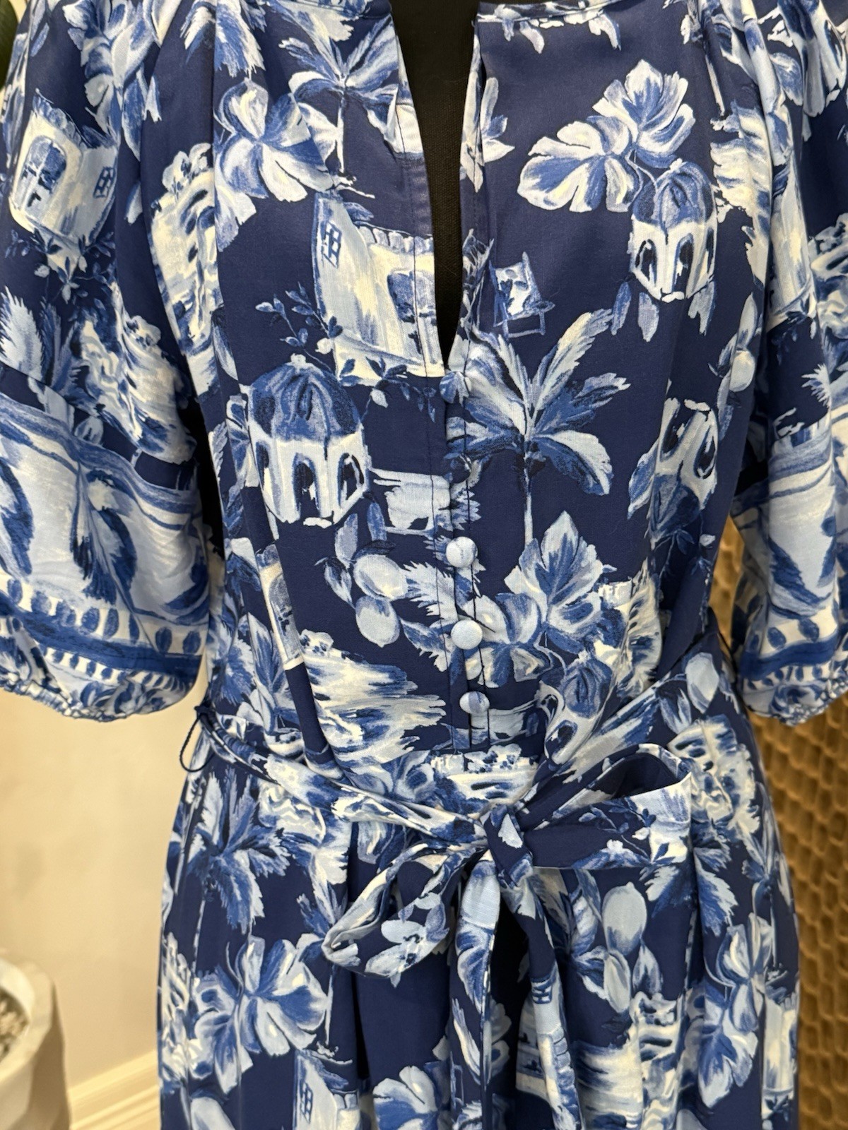 LOFT NEVER WORN Maxi Dress Blue White Floral Split Neck Puff Sleeves Button Tie
