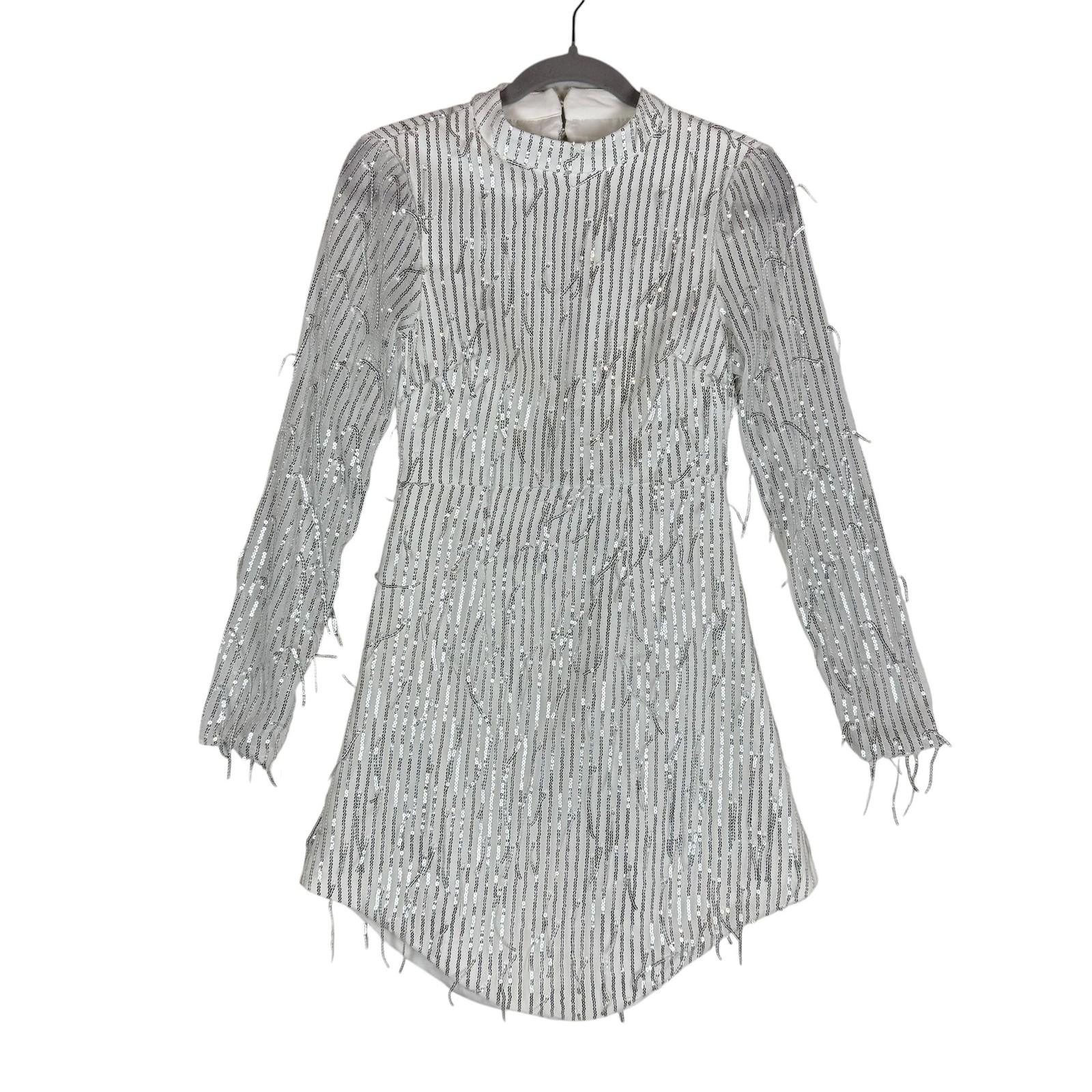 Stylista Dress Womens Small White Sequin Mesh Mock Neck Cutout Bodycon Mini