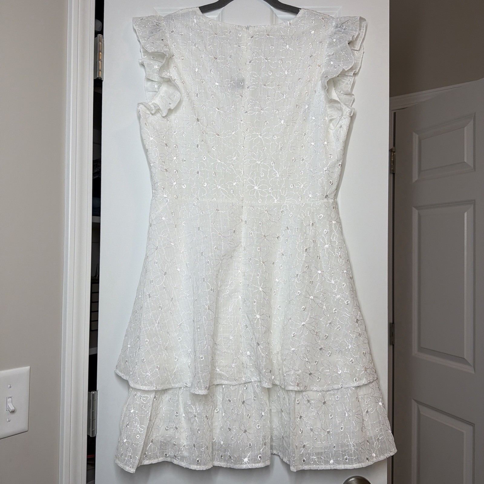 LONESS White Eyelet Embroidered Ruffle Dress Women’s Size Large Cottagecore