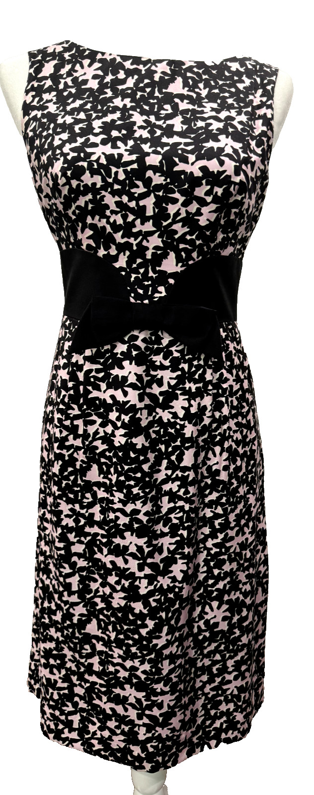 Milly Sz 2 Black & Pink print 100% silk V-back dress w/ bow at waist; back zip