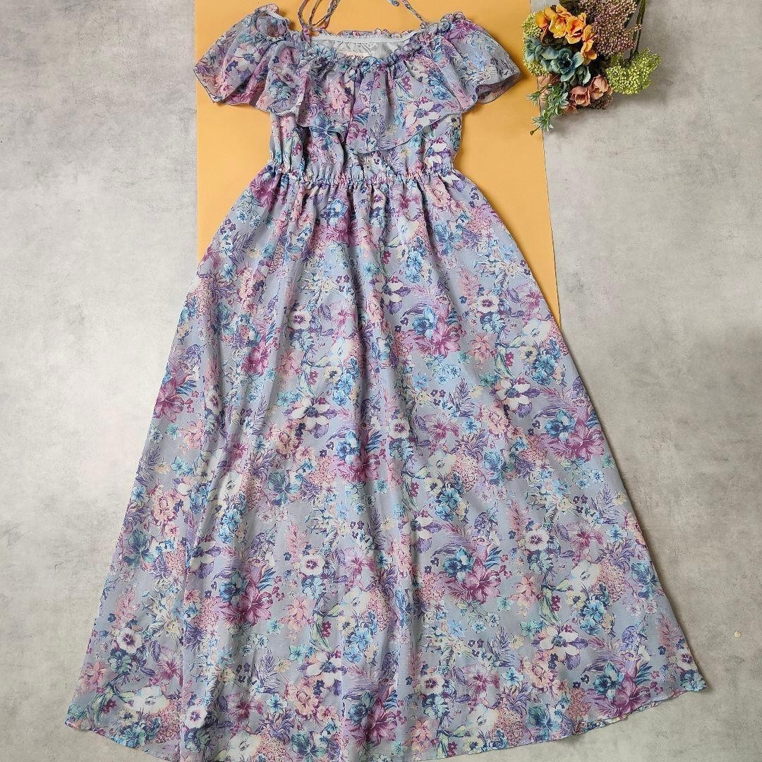 L’EST ROSE Floral Off Shoulder Maxi Dress Lavender Cottagecore Fairy Kei Japan