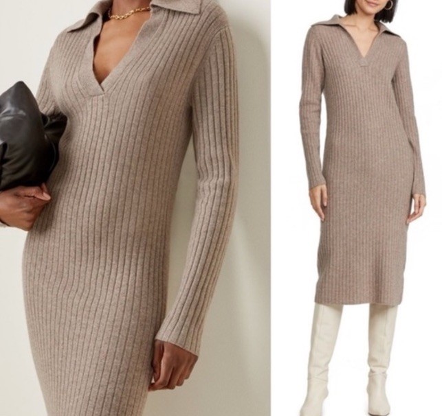 Vince Cashmere Wool Collared Ribbed Sweater Dress Polo Knit Brown Mocha Tan L