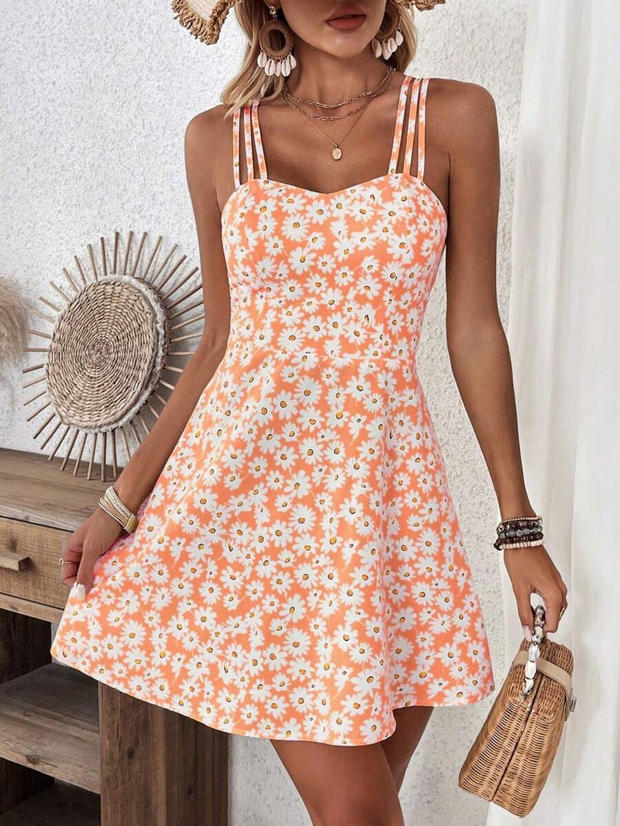 Boho Floral Cami Dress Backless Beach Vacation Mini Sundress
