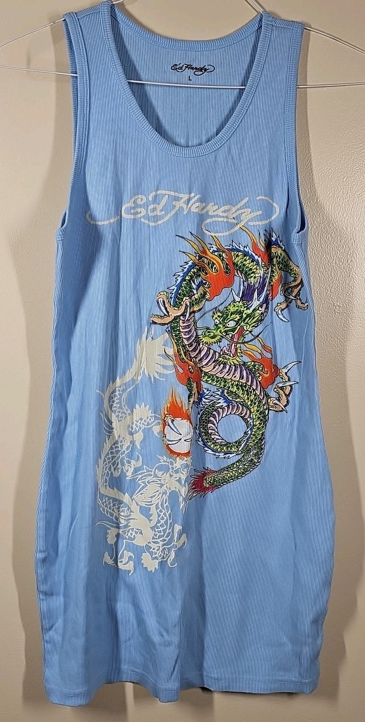 Ed Hardy Blue Sleeveless Dress Short Tshirt Casual Dress Dragon Print Size Large