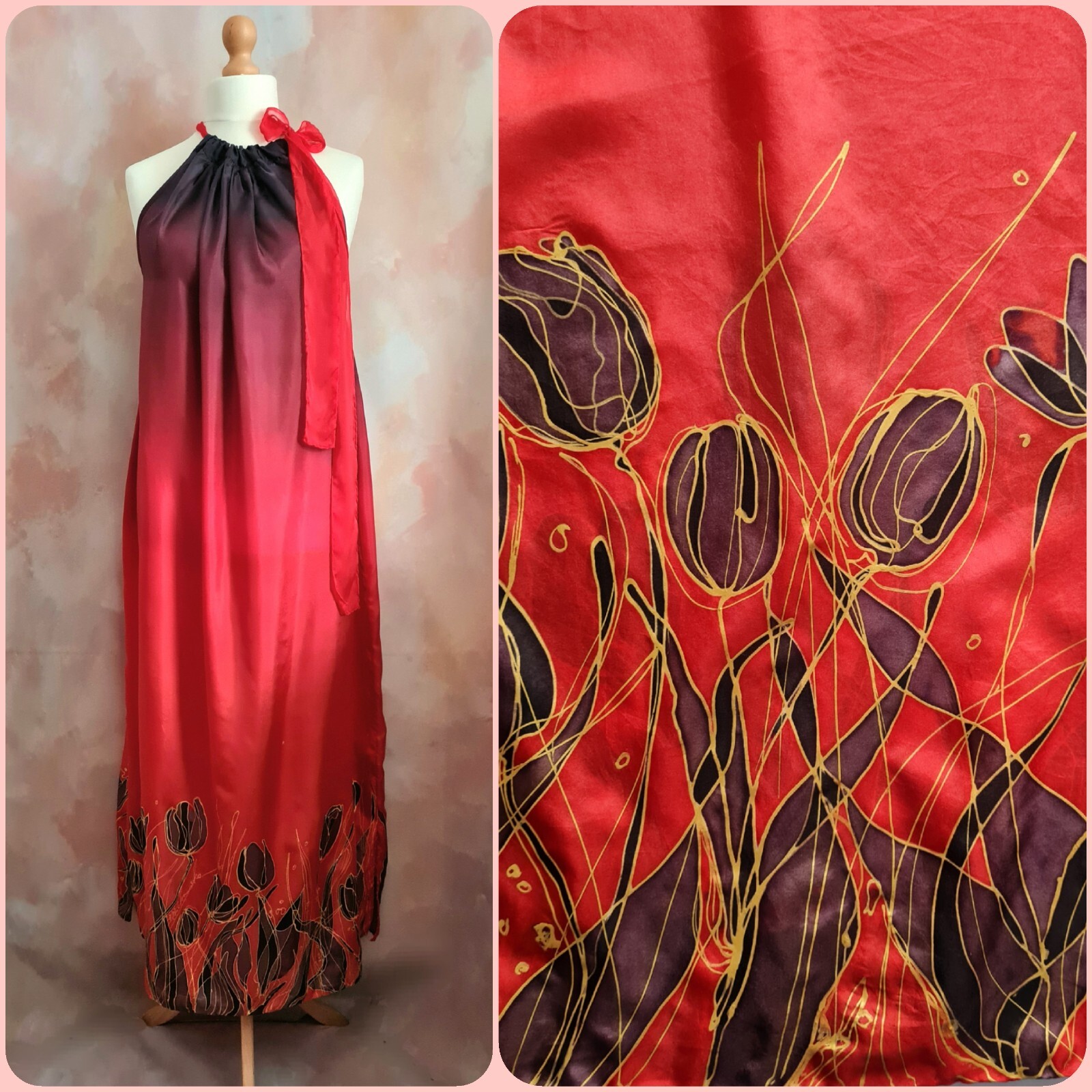 Bespoke Hand Painted Signed Silk Red/Black Tulips Summer Party Dress with Shawl