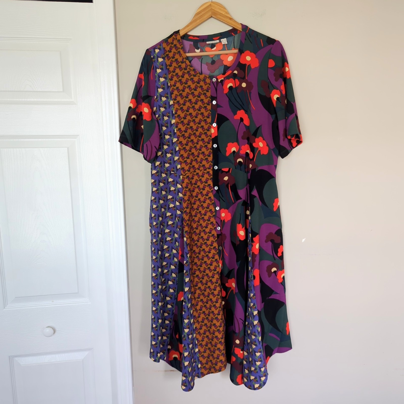 LOGO Lori Goldstein Patchwork Fit & Flare Button Down Midi Dress Medium Boho