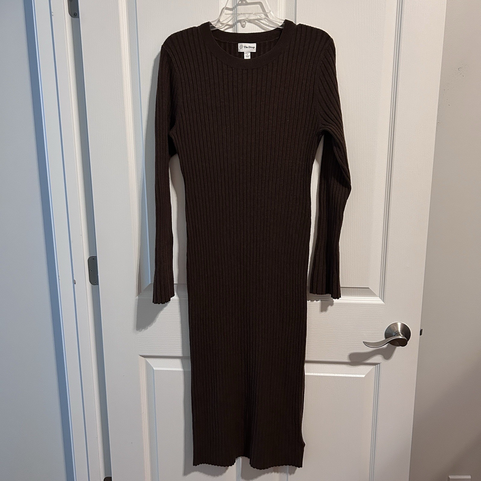 The Drop Brown Ribbed Knit Midi Sweater Dress Long Sleeve Women’s Large