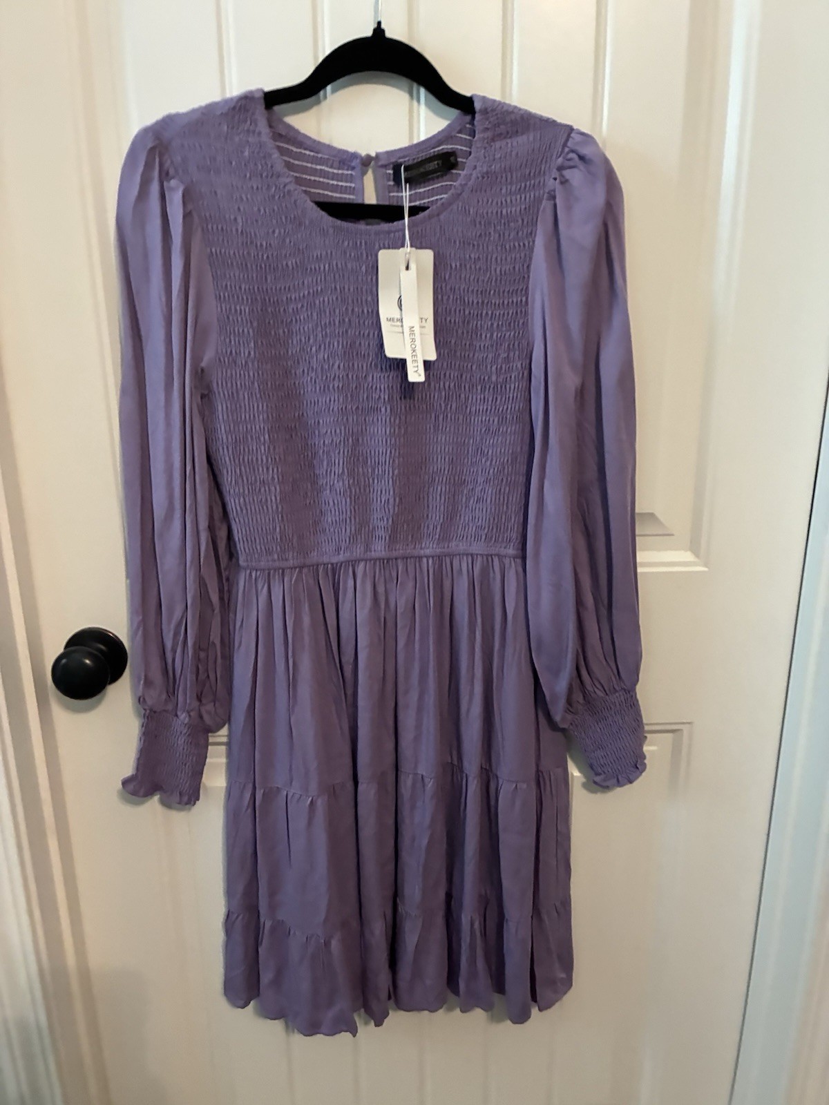 MEROKEETY Purple Solid Smocked Tiered A-Line Dress Round Neck Long Sleeve M