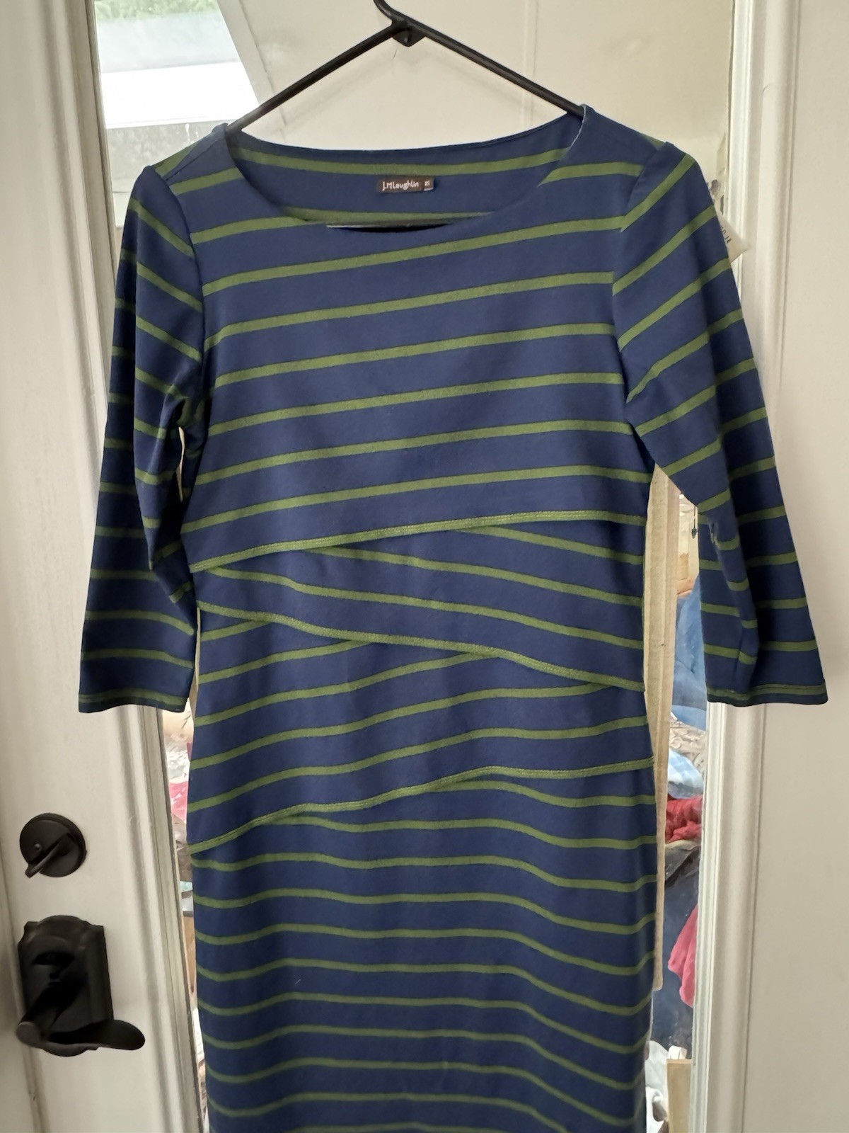 j mclaughlin dress xs Blue Green Stripped 3/4 Sleeve Knot Sheath Dress