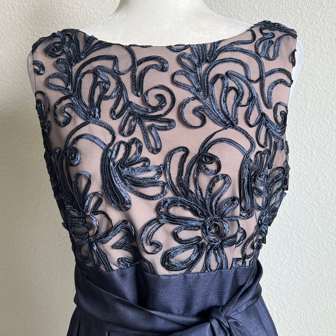 J Howard Navy Blue Scroll Pleated Belted Knee Length Formal Party Dress Womens 8