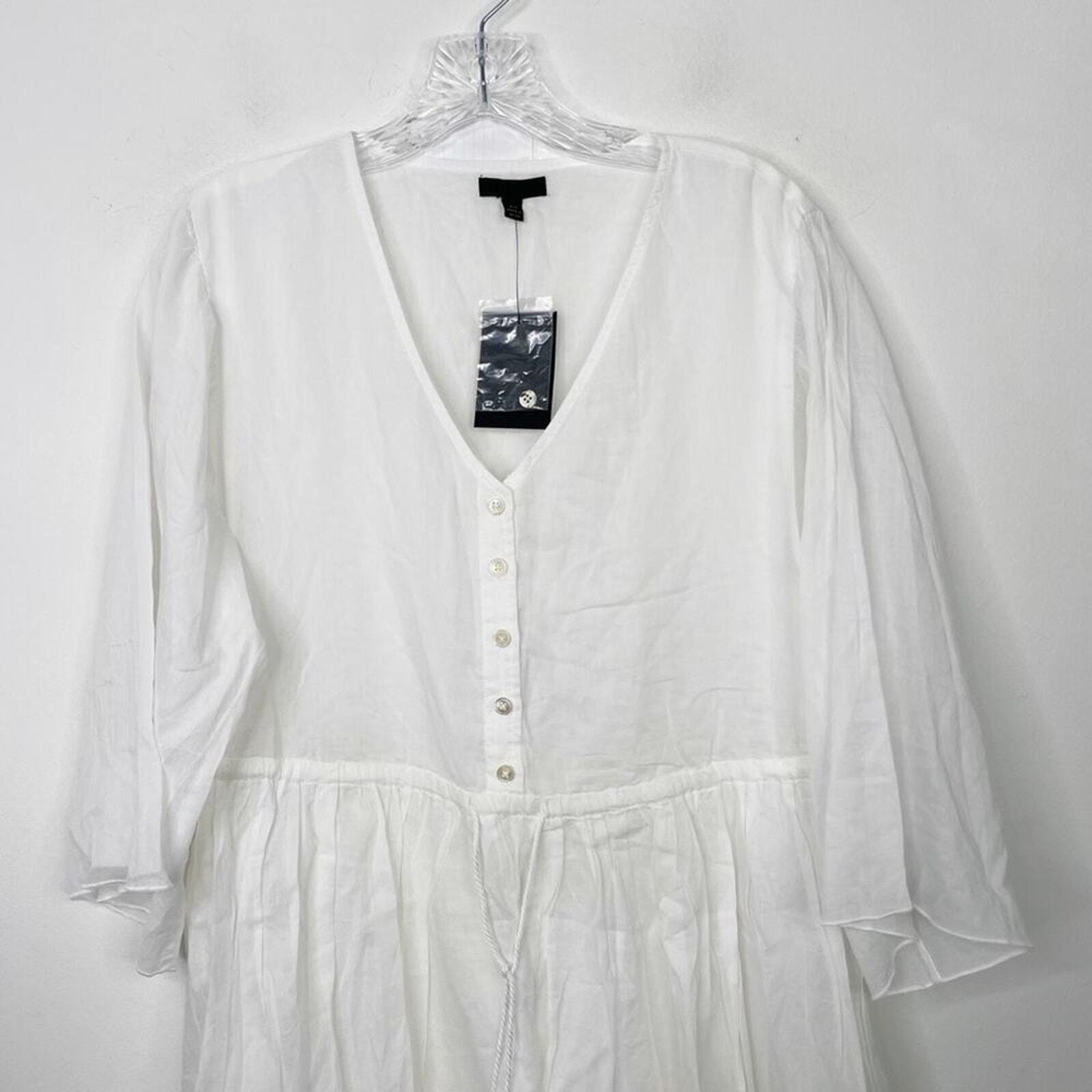 NWT ATM Anthony Thomas Melillo White Crinkle Cotton V-Neck Dress Sz. Small