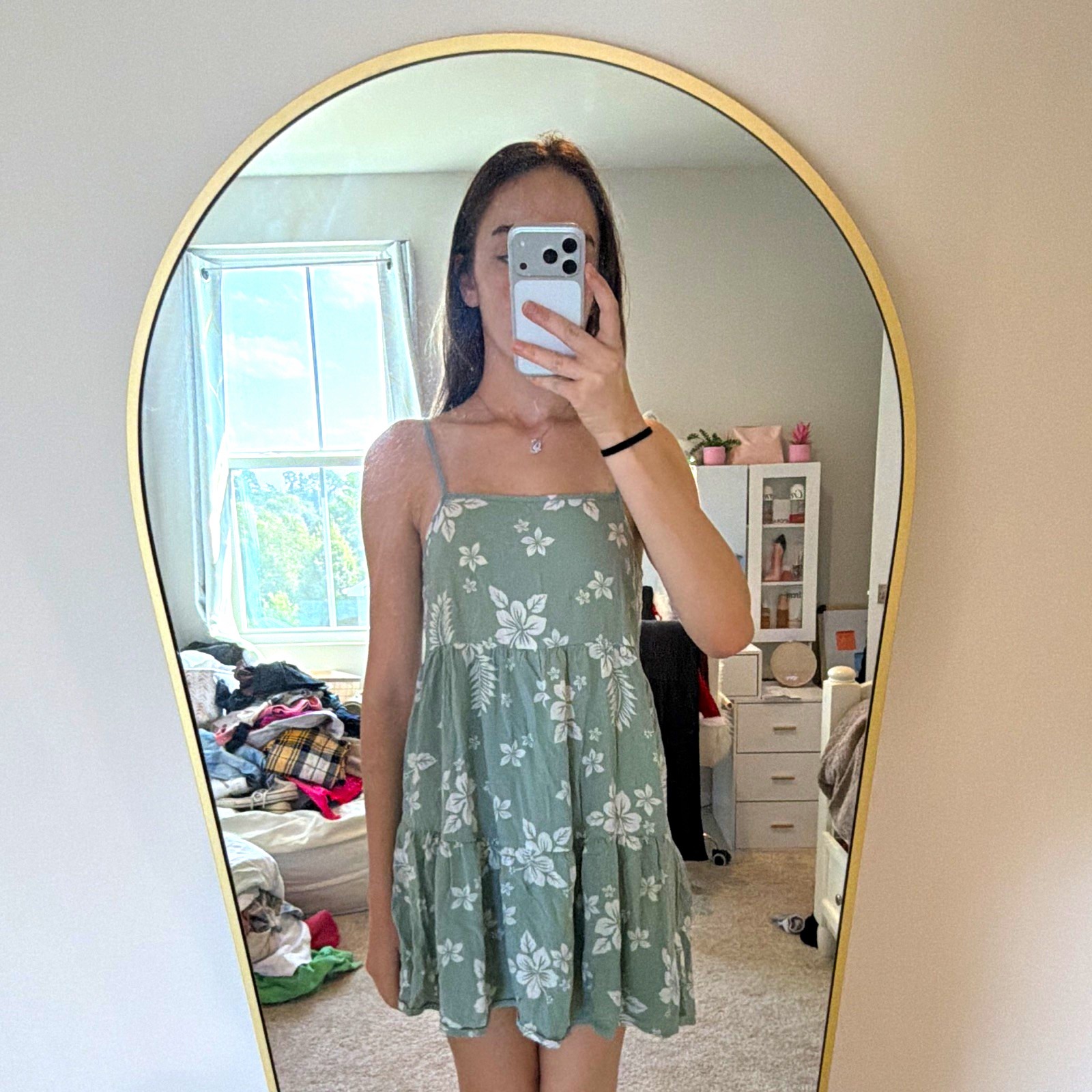 Green White Floral Tiered Sundress Square Neck Adjustable Straps Women’s XS