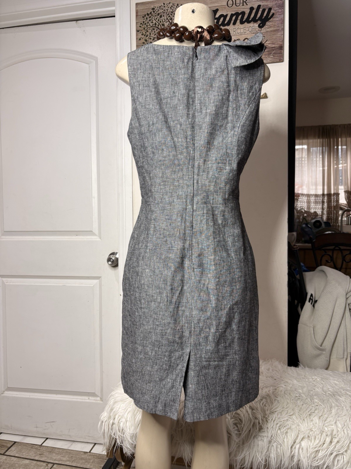Allen B By Allen Schwart Linen Grey Ruffled Sleeveless Career Dress Sz 8 Sheath
