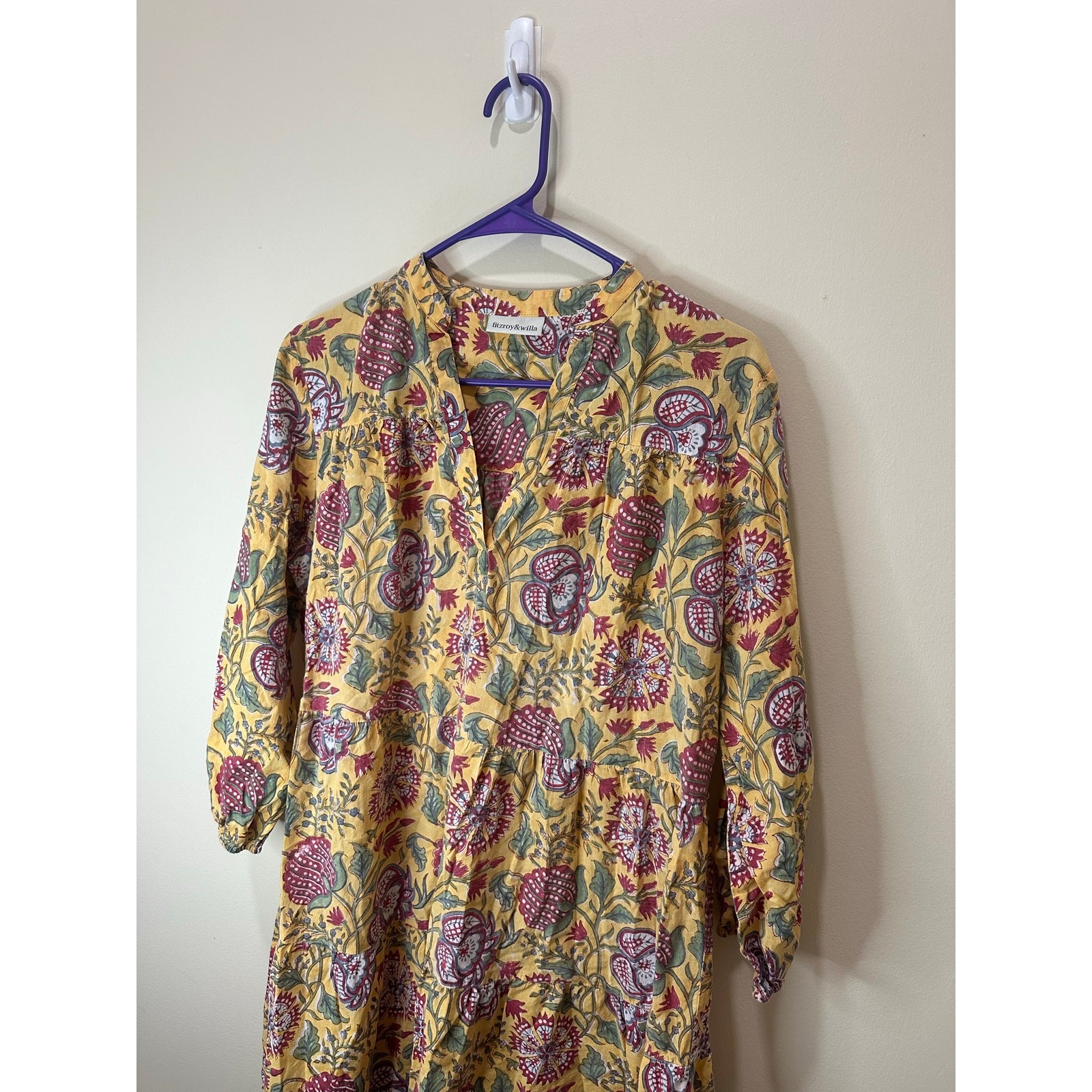 Fitzroy & Willa Soleil Marti Dress Cotton Yellow Floral Sz M Short Maxi Boho