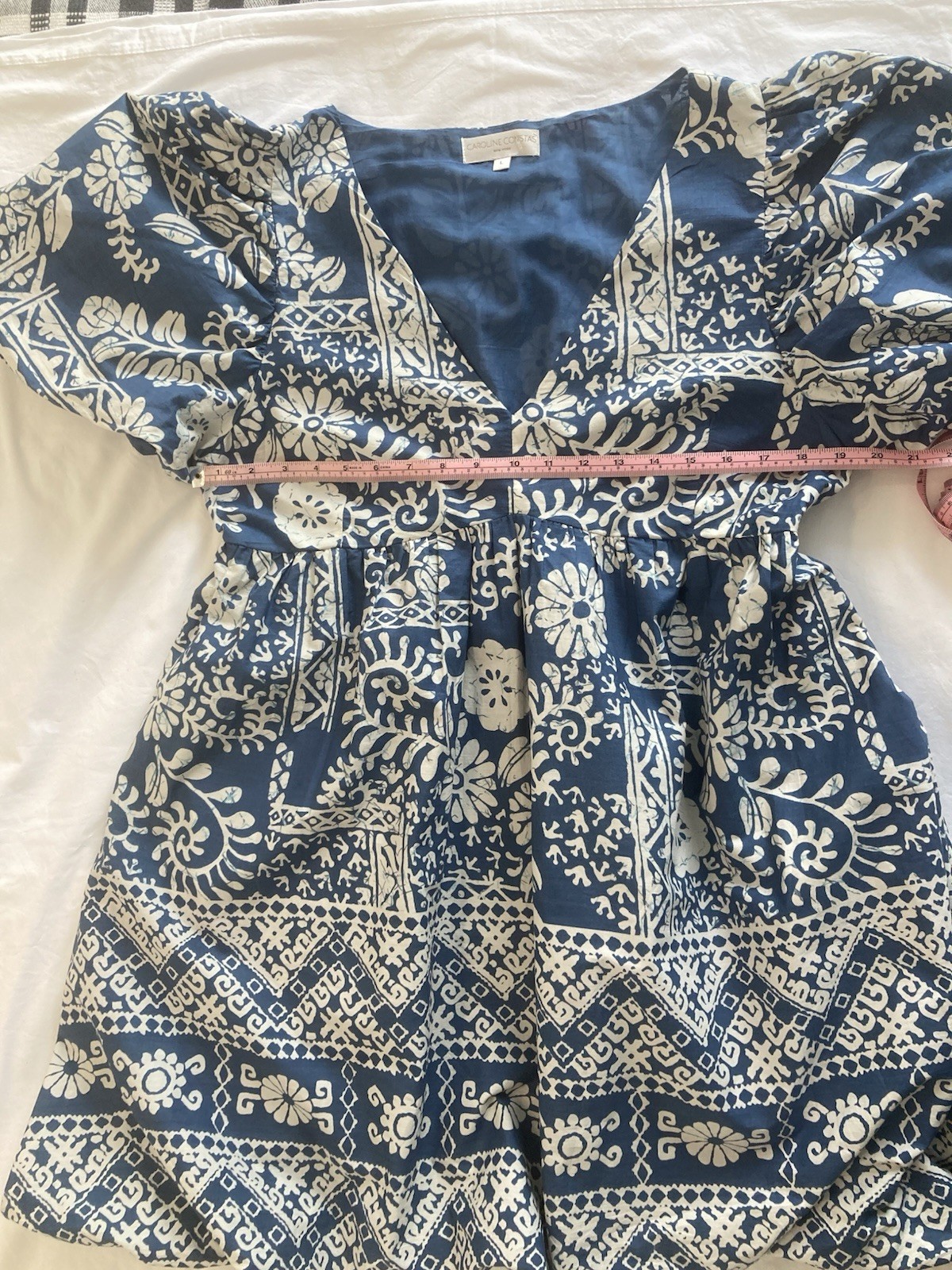 NWOT Caroline Constas Blue White Babydoll Puff Sleeve V-Neck Cotton Dress Sz L