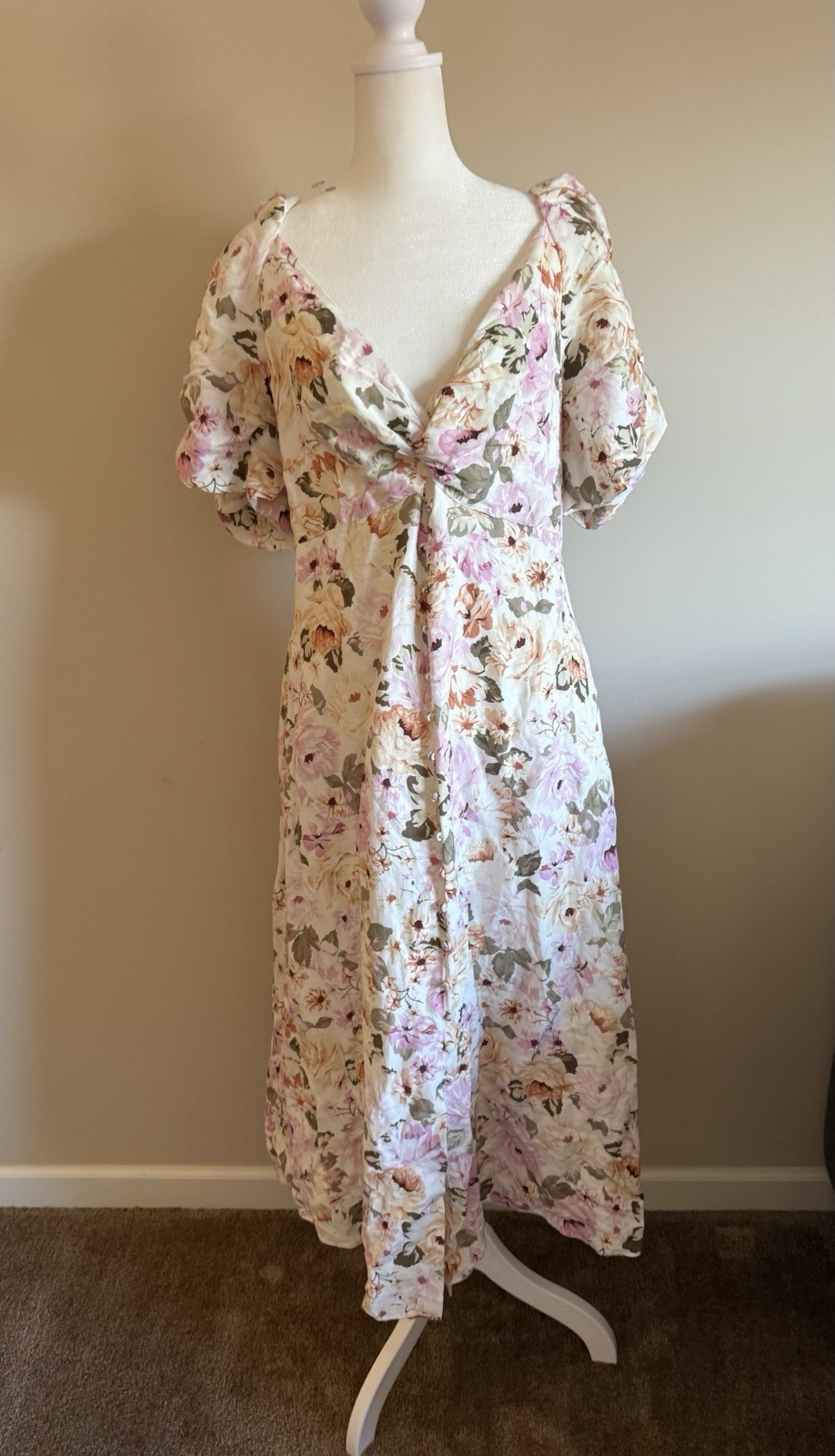 EVER NEW Blush Airlie Floral Linen Puff Sleeve Floral Midi Dress Sz 12