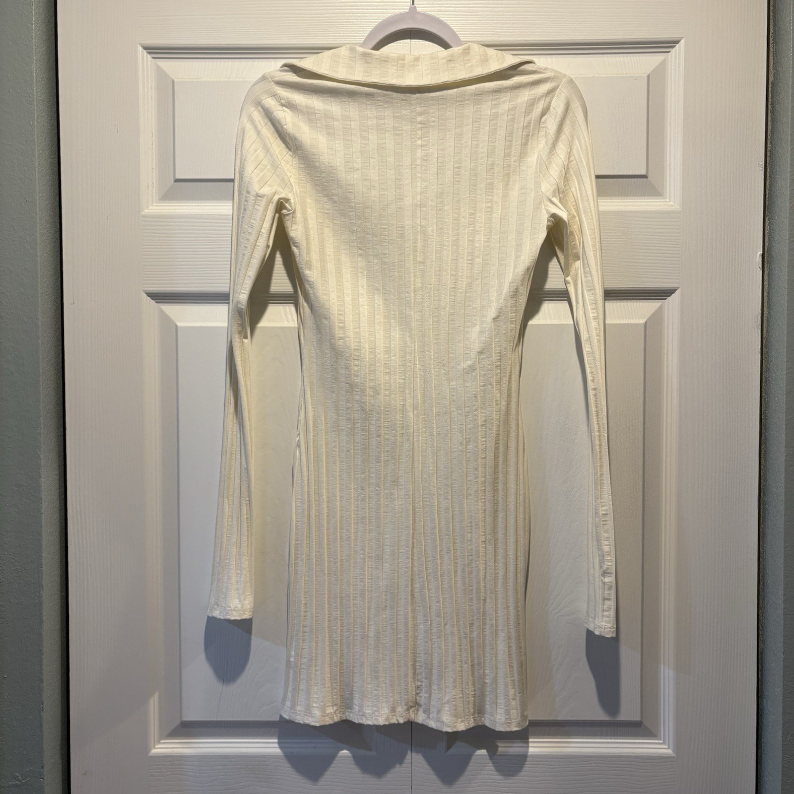 Reformation Ivory Ribbed Bodycon Mini Dress Square Neck Long Sleeve Sz S NEW