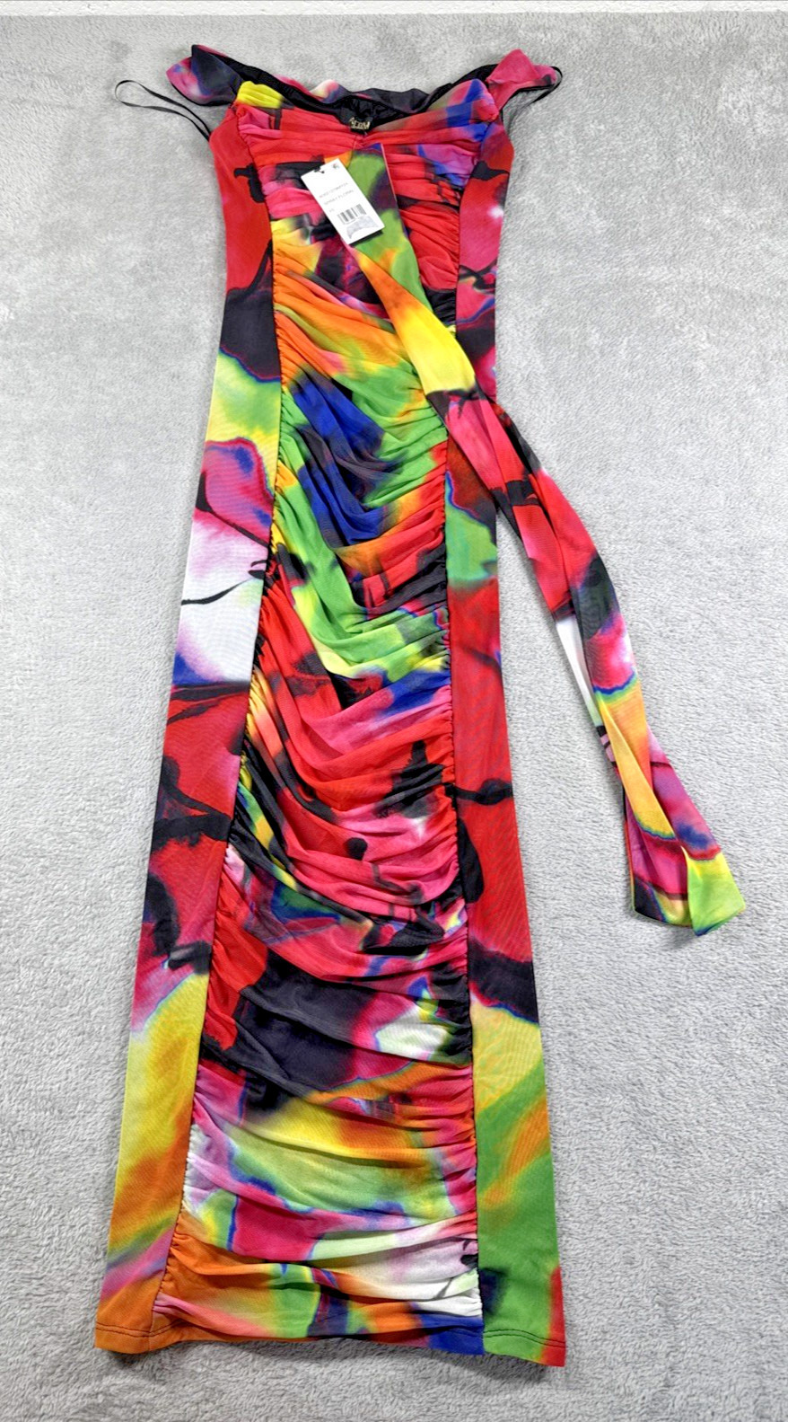 AFRM Women’s Casey Ruched Stretch Mesh Midi Dress Spray Floral Print Size XS NWT
