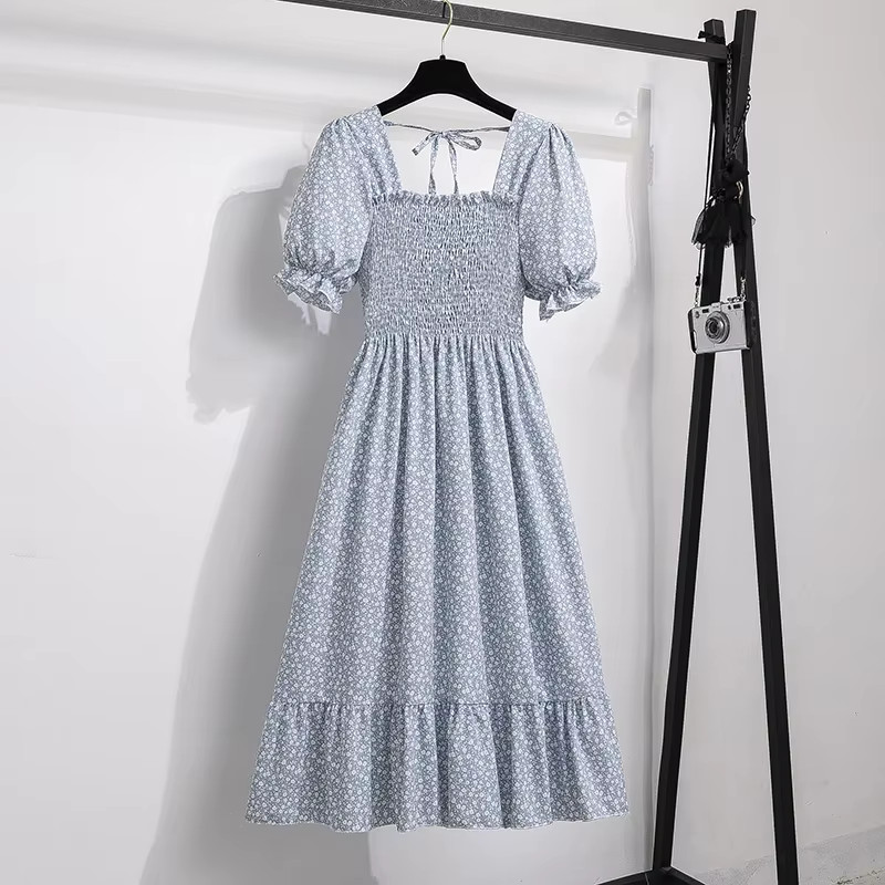 Chic Spring Summer Chiffon A-Line Dress with Elastic Waist and Short Sleeves