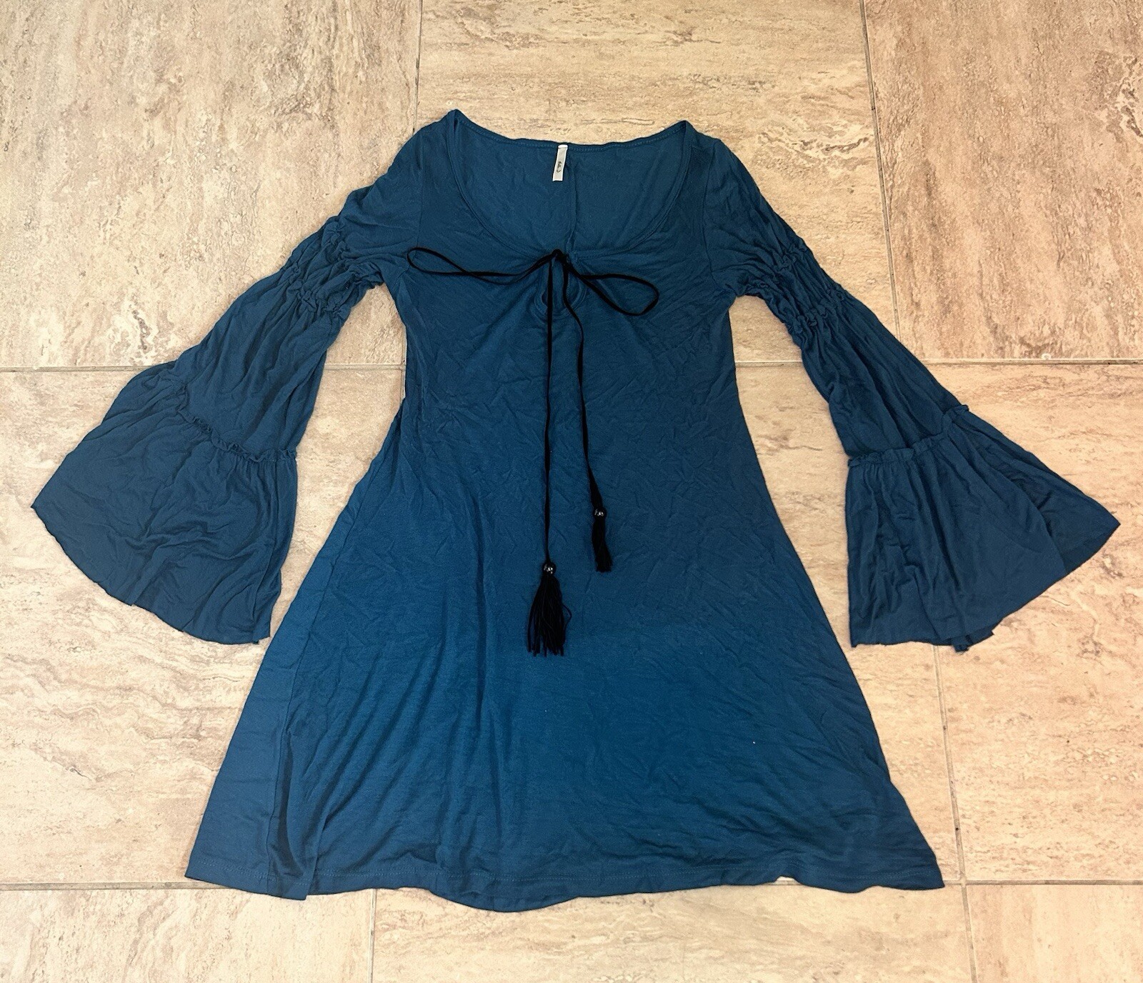 Bella D Size Medium Women’s Blue Knee Length Bell Sleeved Dress w/Tassel Ties