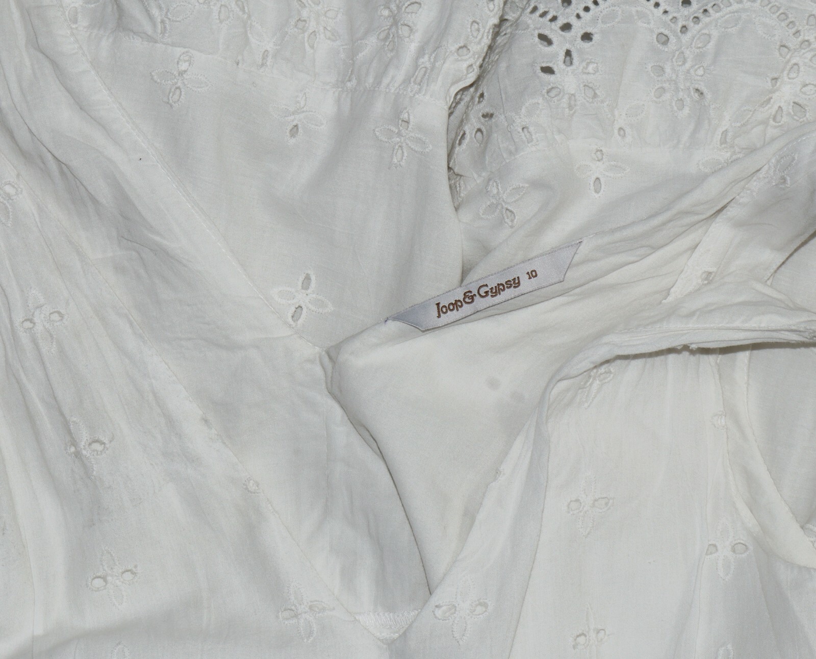 Joop & Gypsy Eyelet Embroidered Ruffle Tie Shoulder White Maxi Dress New M 10
