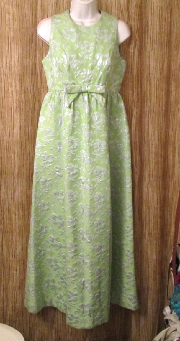 Lime Green & Silver metallic Brocade GOWN DRESS custom S M vintage 1960s