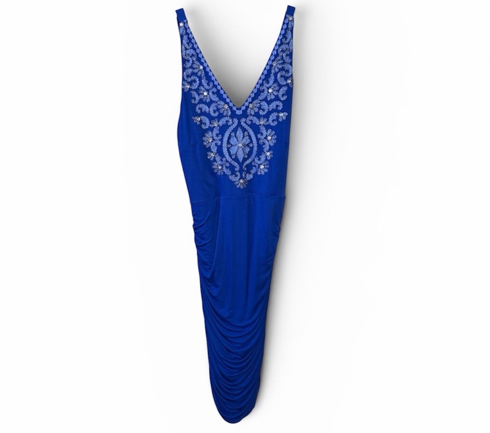 INC International Concepts Blue Beaded Ruched Bodycon Dress Size S – 36″ EUC