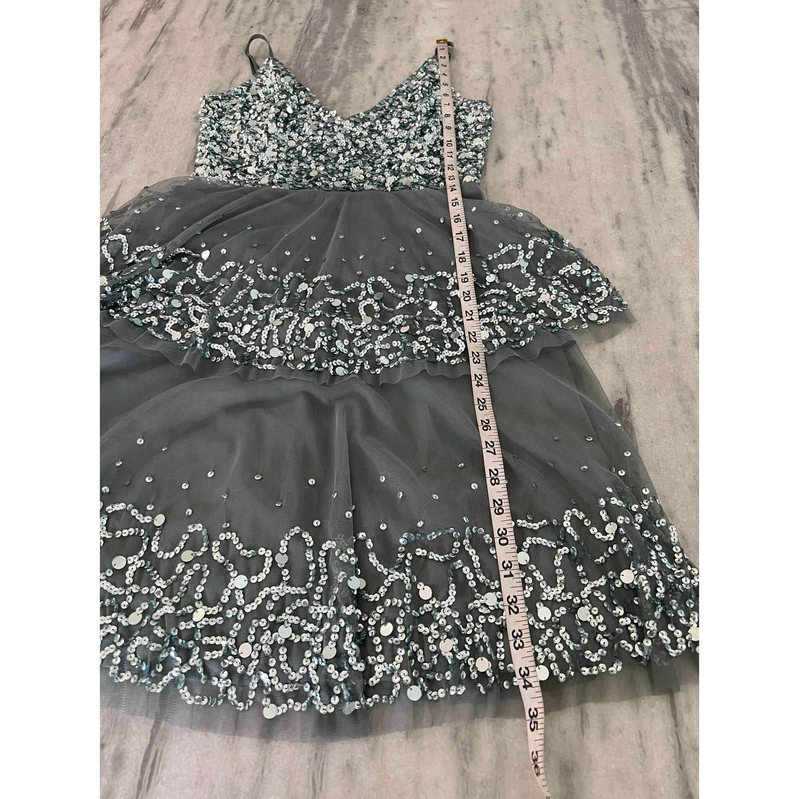 Lace & Beads Silver Gray Sequin Mini Dress Size Small Tiered Tulle