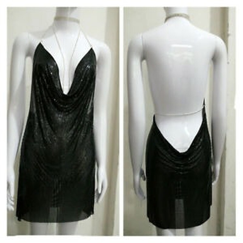 Stunning Sequin Metal Mesh Backless Crystal Halter Neck Mini Dress Gown Bling