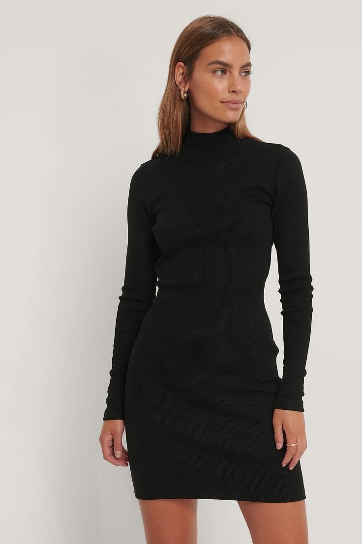 Shetells Women’s Long Sleeve Mock Turtle Neck Dress Ribbed X-Large, Black