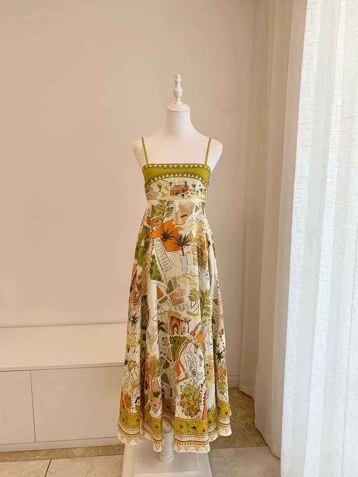 New Women’s Alema~ Linen Mustard Yellow Spaghetti Strap Floral Dress