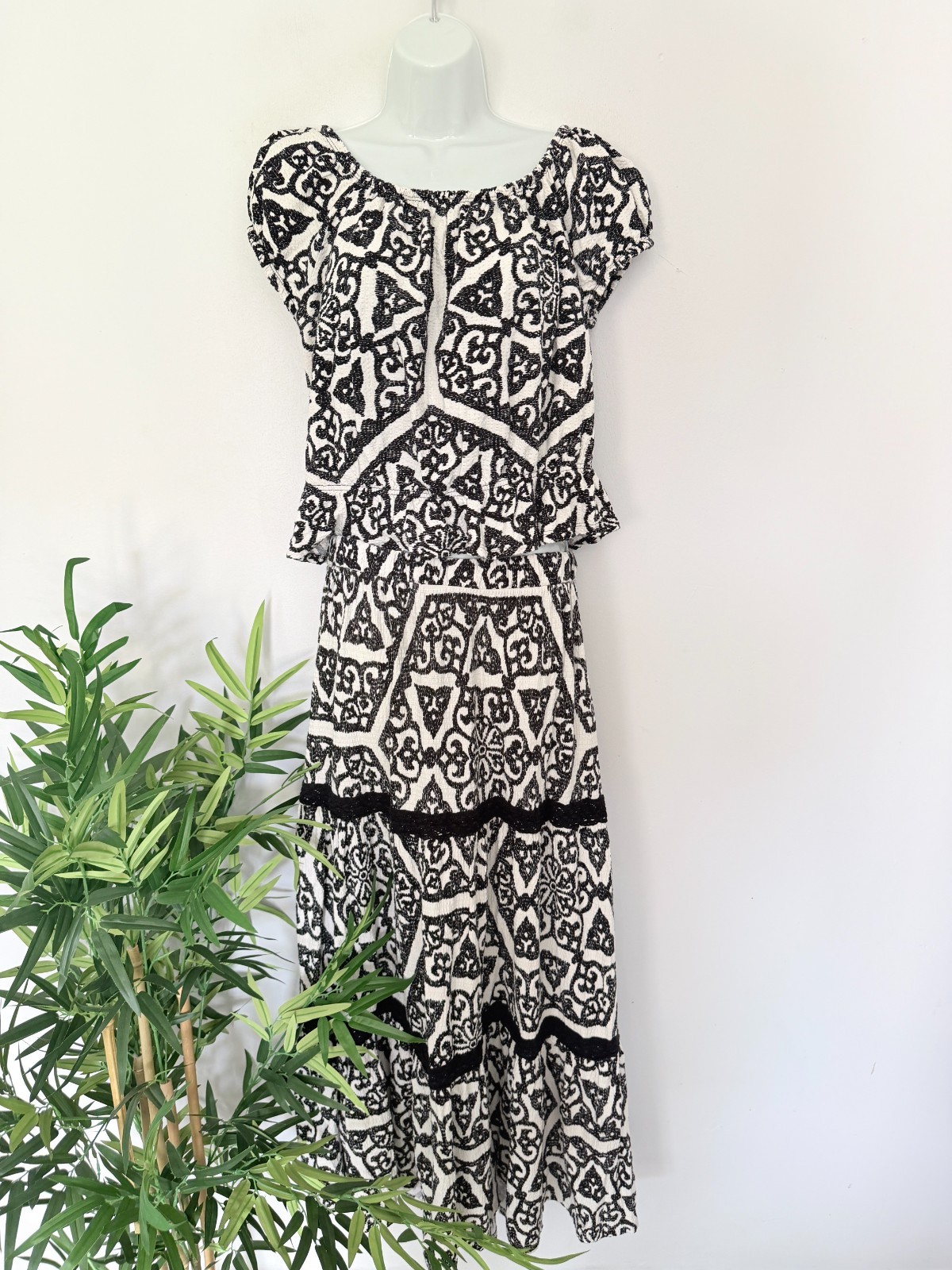NEXT Co-Ord Womens UK 16 Black White Floral Two Piece Set Blouse Top Skirt