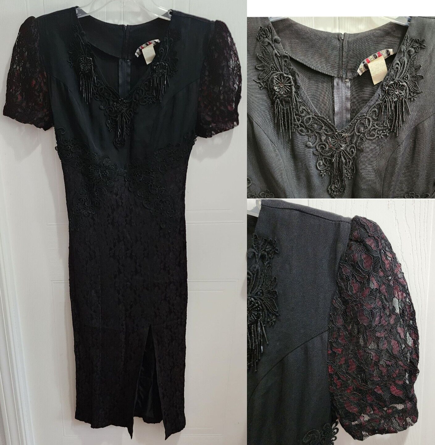Vintage 80s 90s ANNA U.S.A Women’s Short Sleeve Pencil Dress Black Lace Sz Small