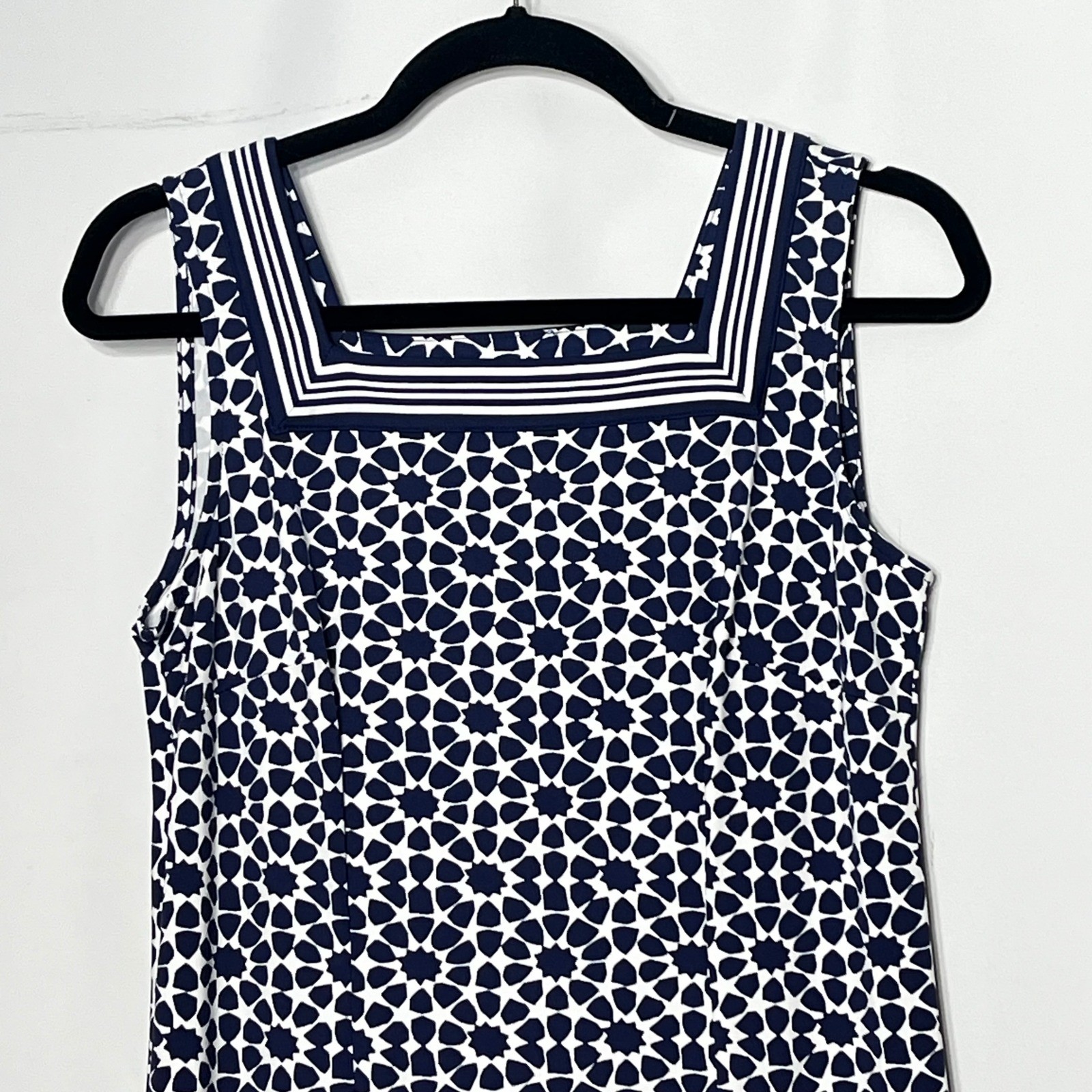 Talbots Petite Navy White Geometric Starburst Square Neck Shift Dress SP