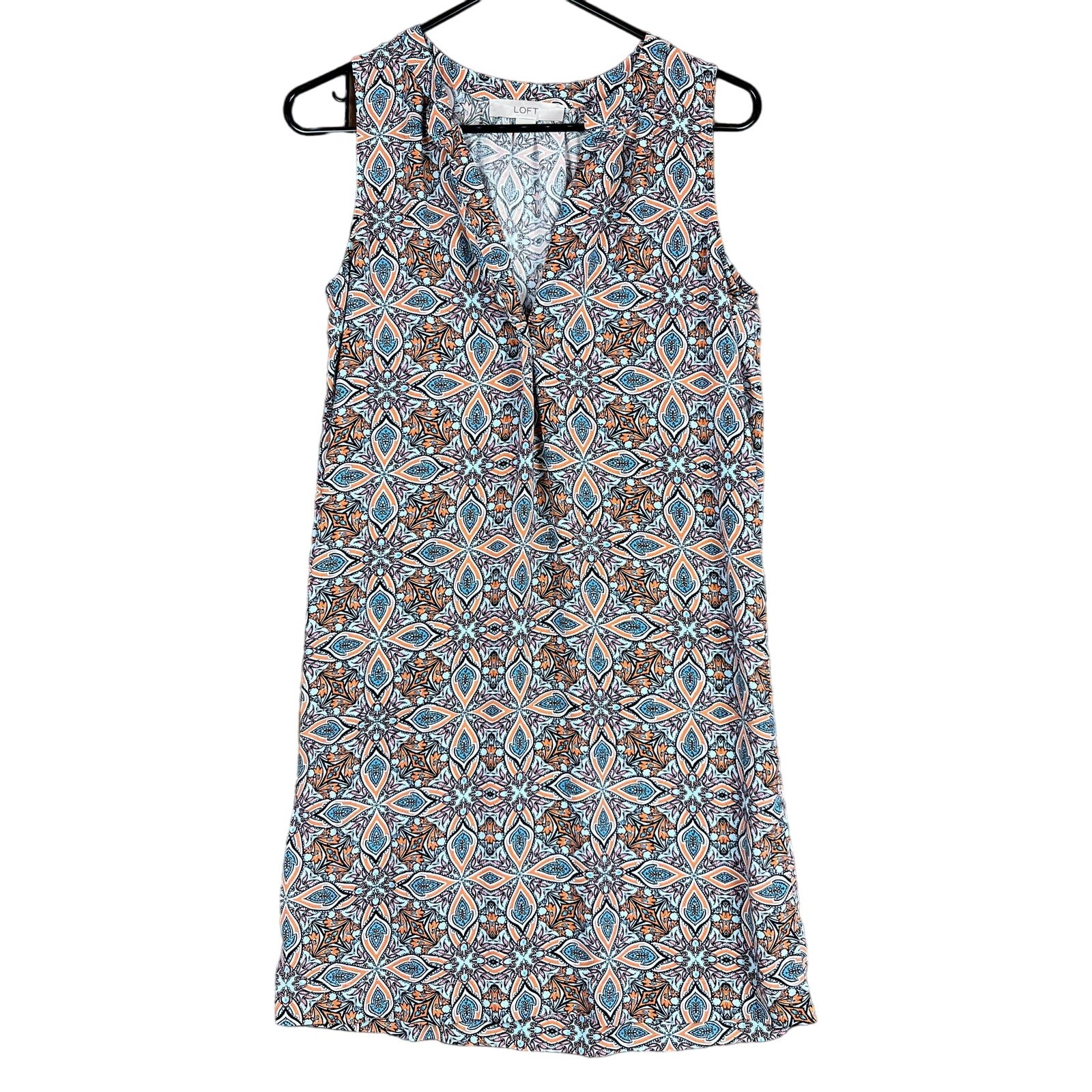 LOFT Womens Dress White Orange Blue Geometric V Neck Sleeveless Rayon XS