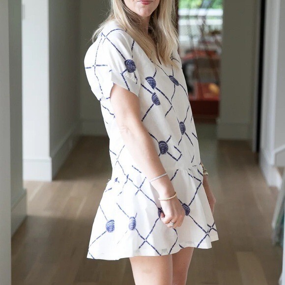 Brooke Wright Lucy Dress Shell Print Blue White Shift Dress Size XS