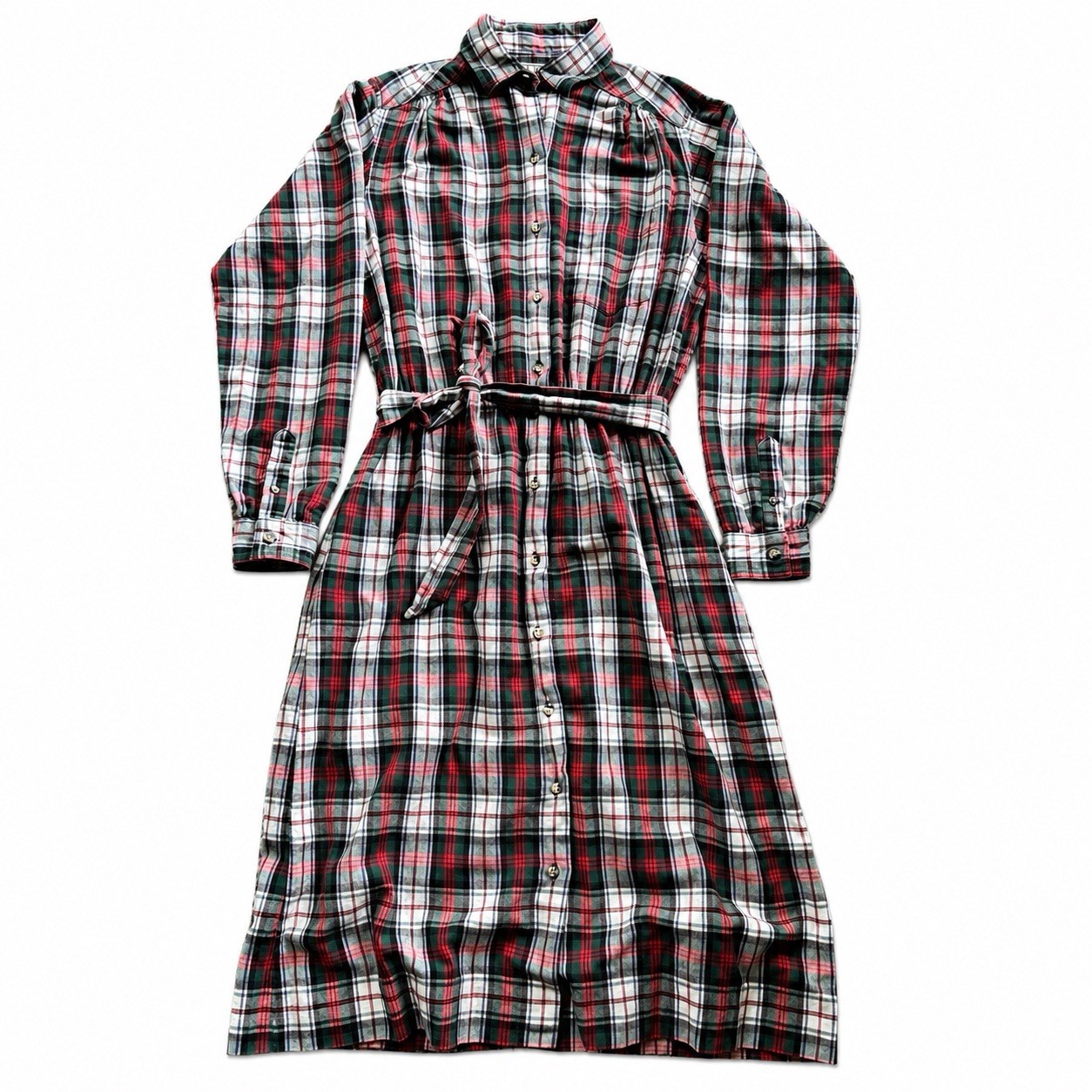 Vintage L.L.Bean Plaid Shirt Dress Belted Made USA Cotton Christmas Tartan 10