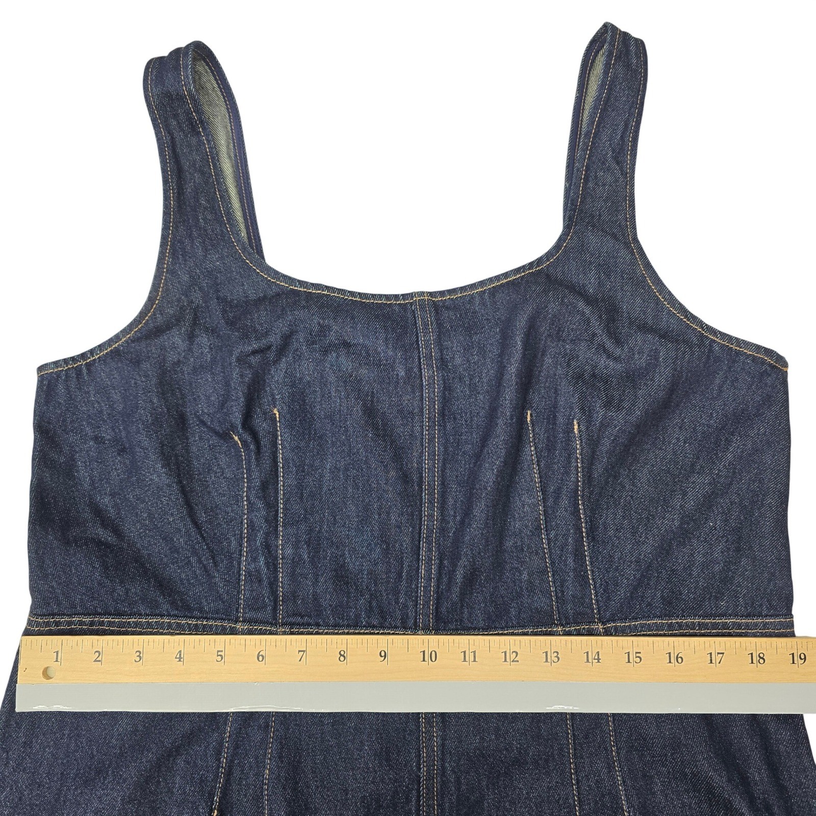 Future Collective Dark Wash Denim Midi Dress Square Neck Smocked Back XL Indigo