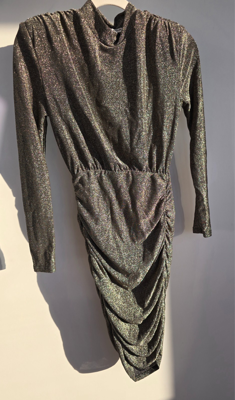 Giorgia Paris Metallic Lurex Ruched Bodycon Party Evening Dress S/M Long Sleeve