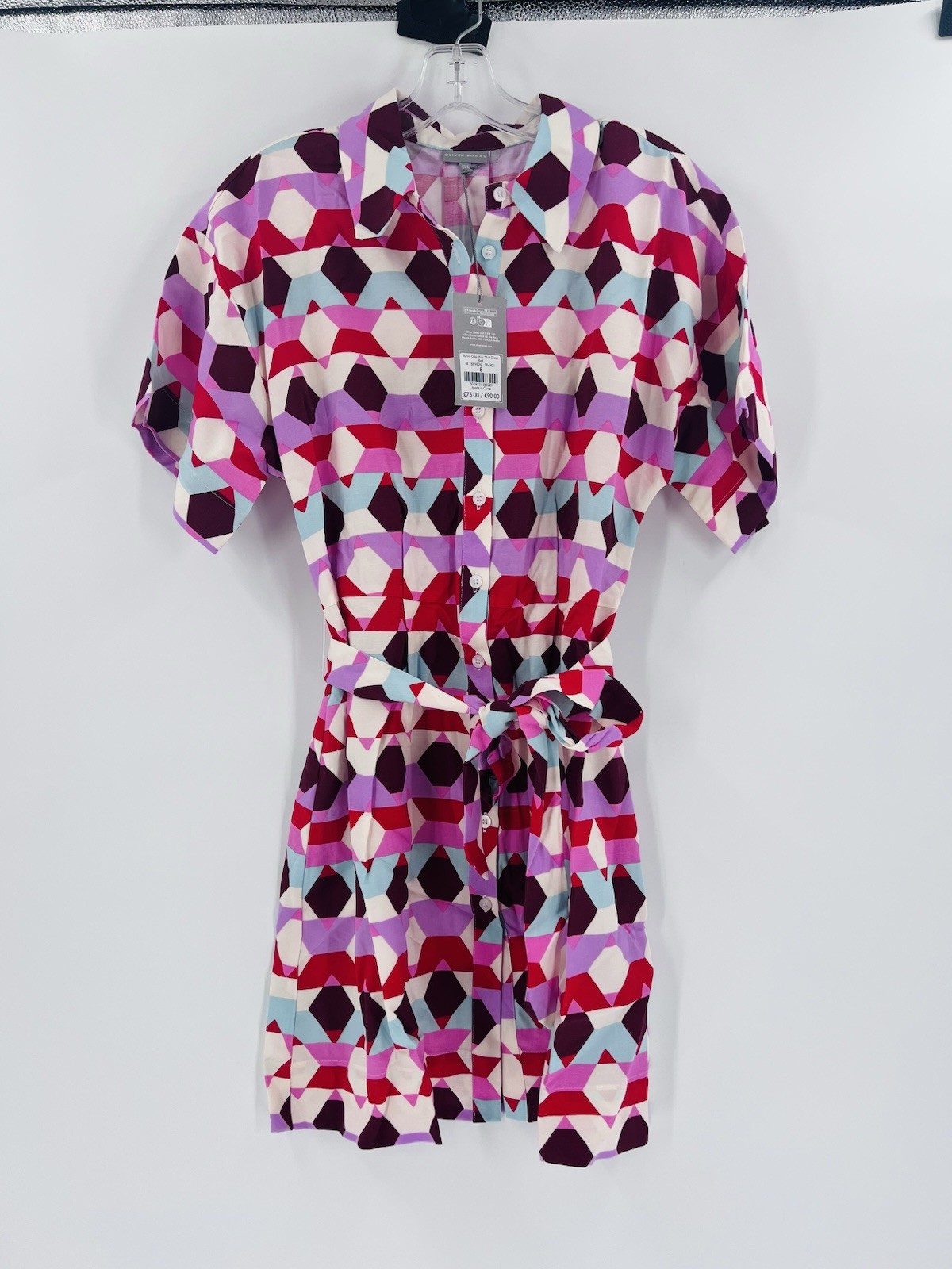 NWT Oliver Bonas Geometric Mini Shirt Dress 4 Tie Waist Belted Viscose