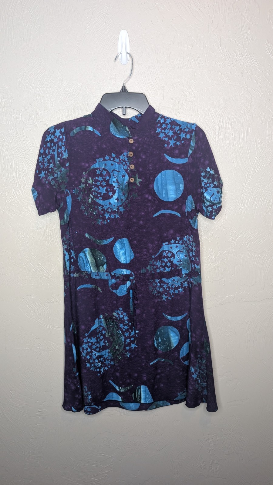 La Luna Loca Womens Small Purple Blue Moon & Stars Celestial Popover Tunic Dress