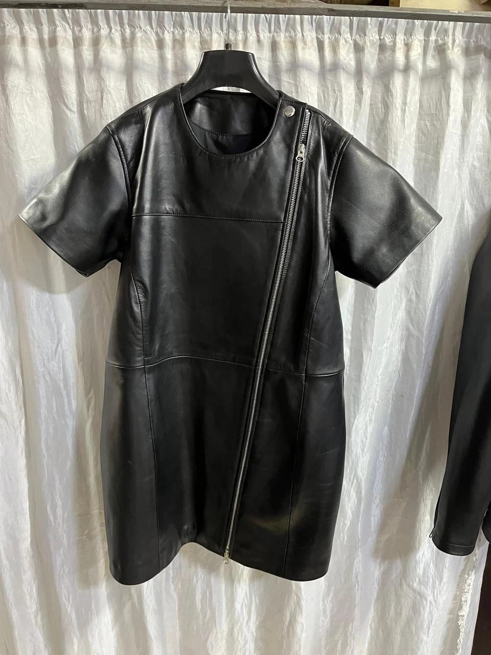 Womens Black Zipper Motorcycle Leather Dress. Real Sheepskin Slim Fit Long Dress