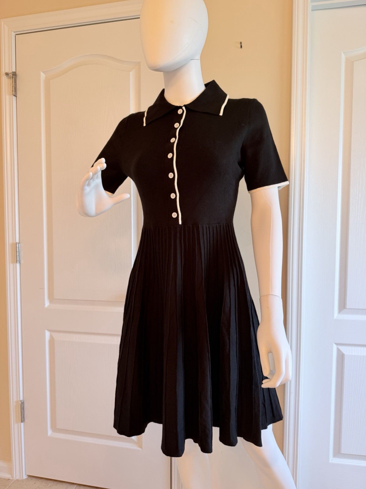 NEW Polo-Collar Short Sleeve Pleated Summer Ribbed Knit Midi Dress Size S