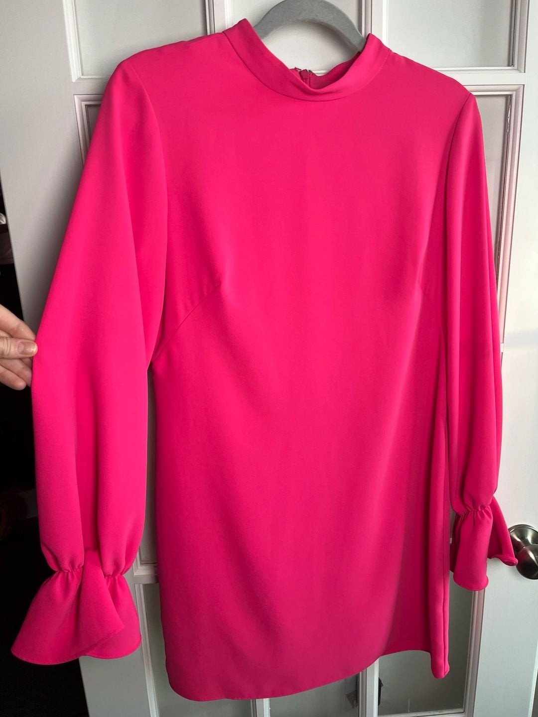 Amanda Uprichard High Neck Long Sleeve Ruffle Cuff Mini Dress in Hot Pink