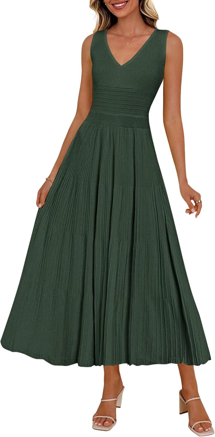 Summer Dresses for Women 2026 Spring Casual Sleeveless V Neck Pleated Midi Work