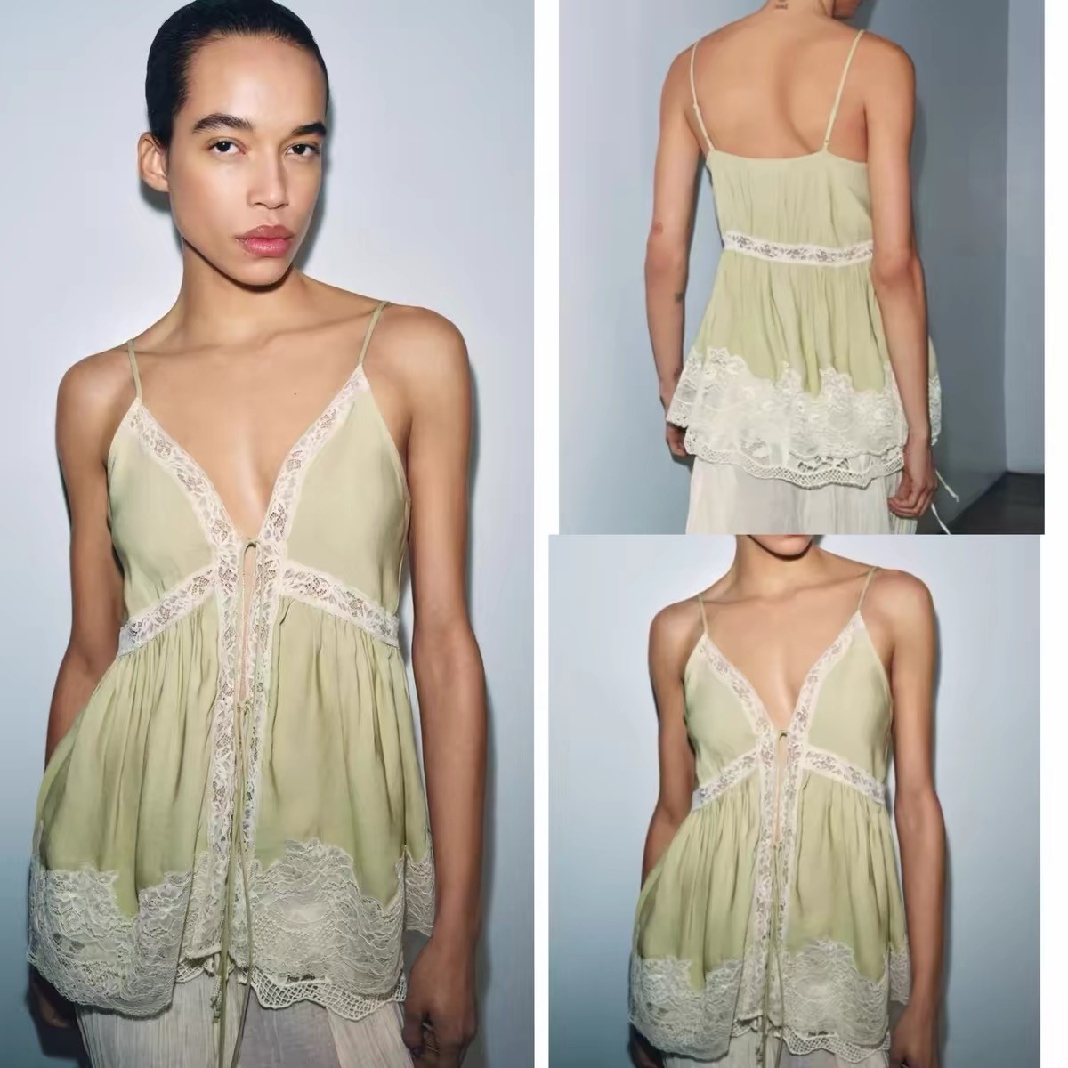 ZARA lace V-neck lace up lingerie style camisole top