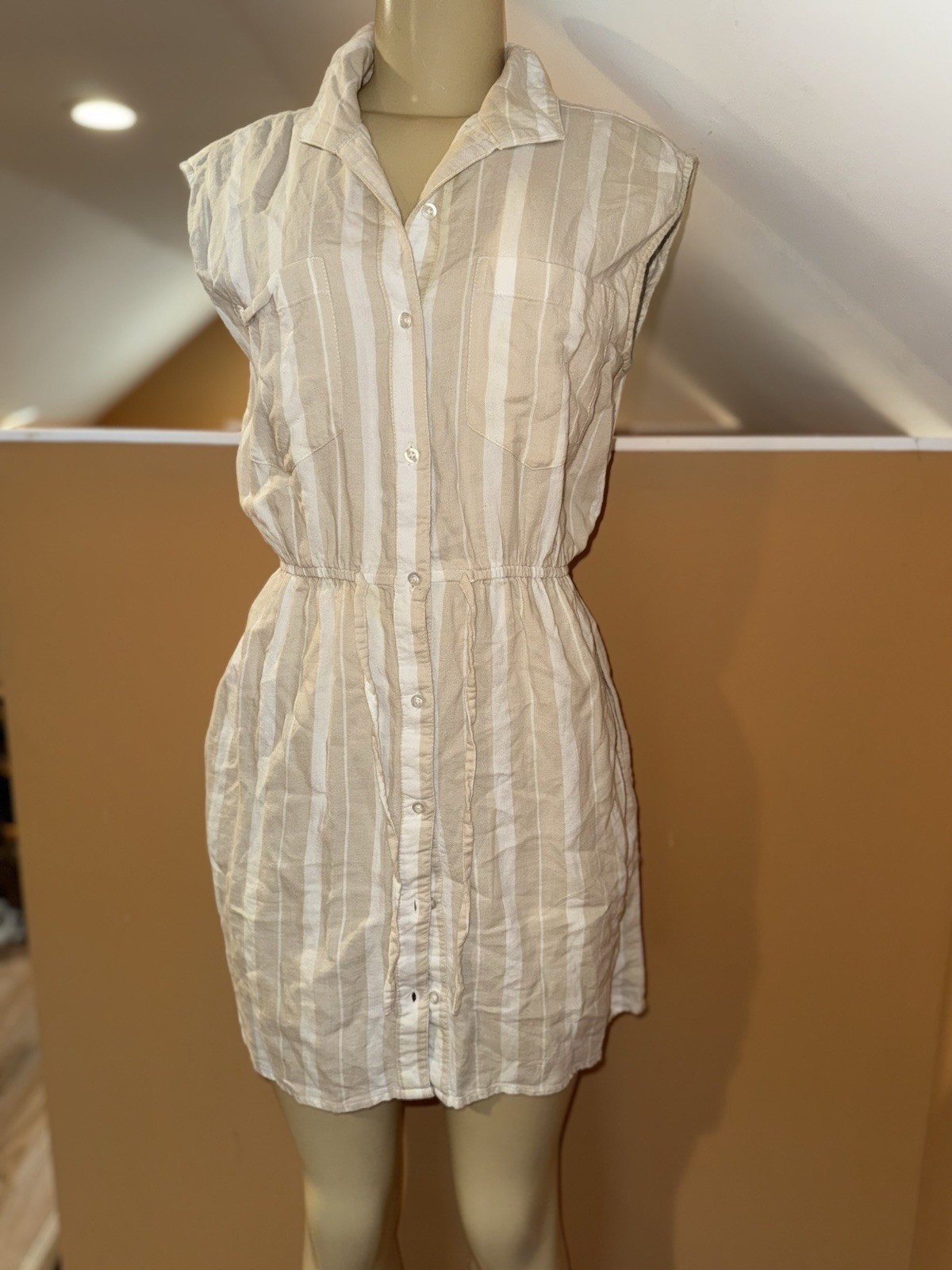 Japna Shirt Dress Beige White Stripe Cotton Button Up Drawstring Waist Pocket M