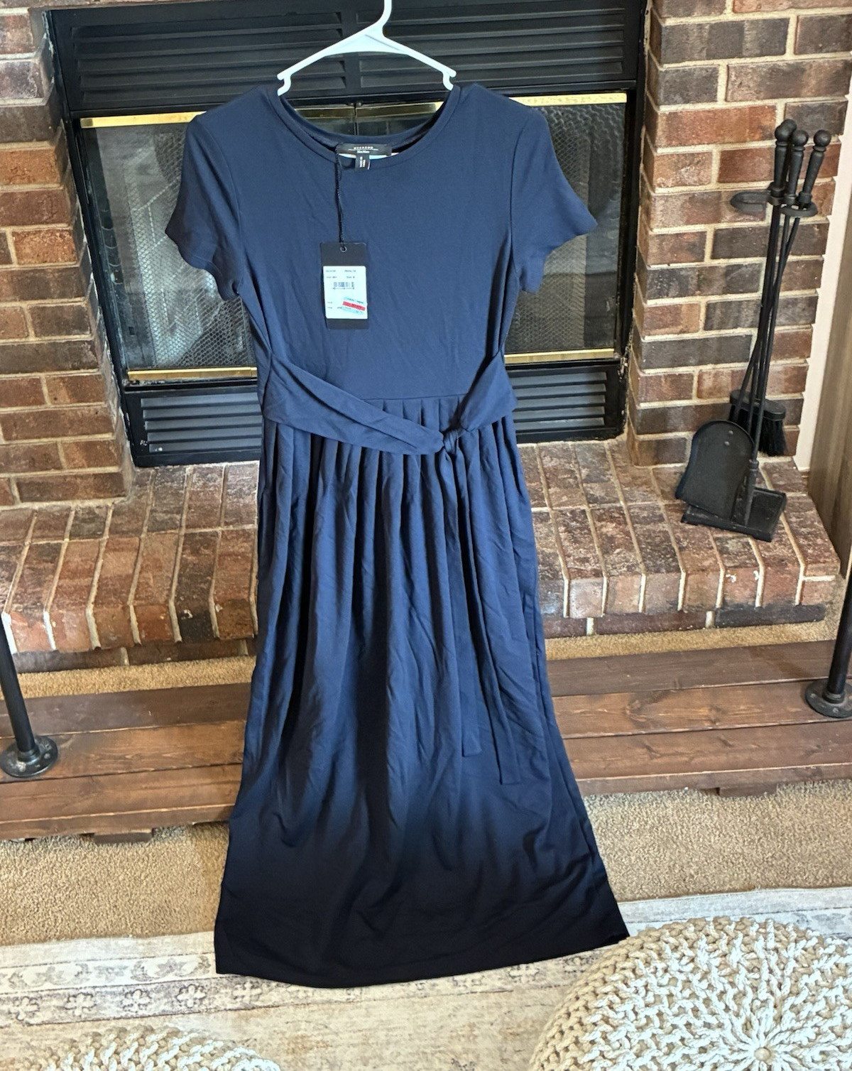 Weekend Max Mara Navy Maxi Dress M Short Sleeve Tie Waist Pockets Round Neck NWT