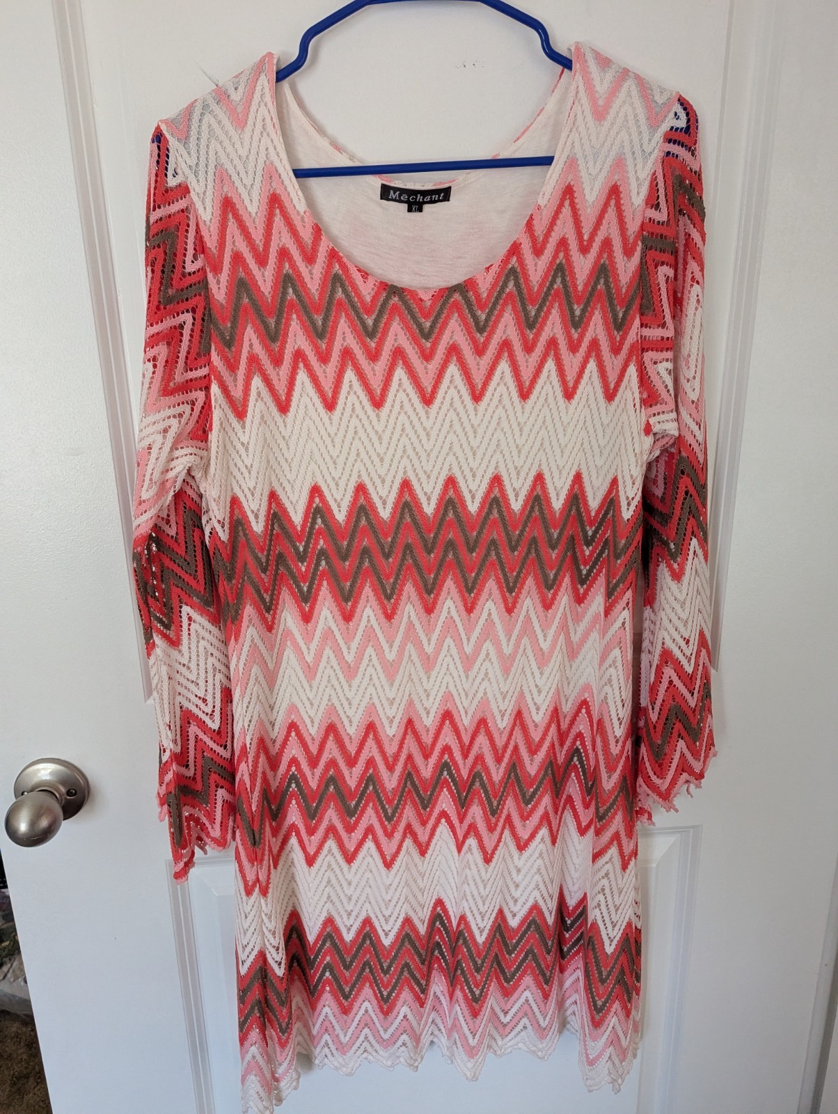 Mechant Red White Chevron Shift Dress Knee Length Long Sleeve Lace Scoop XL